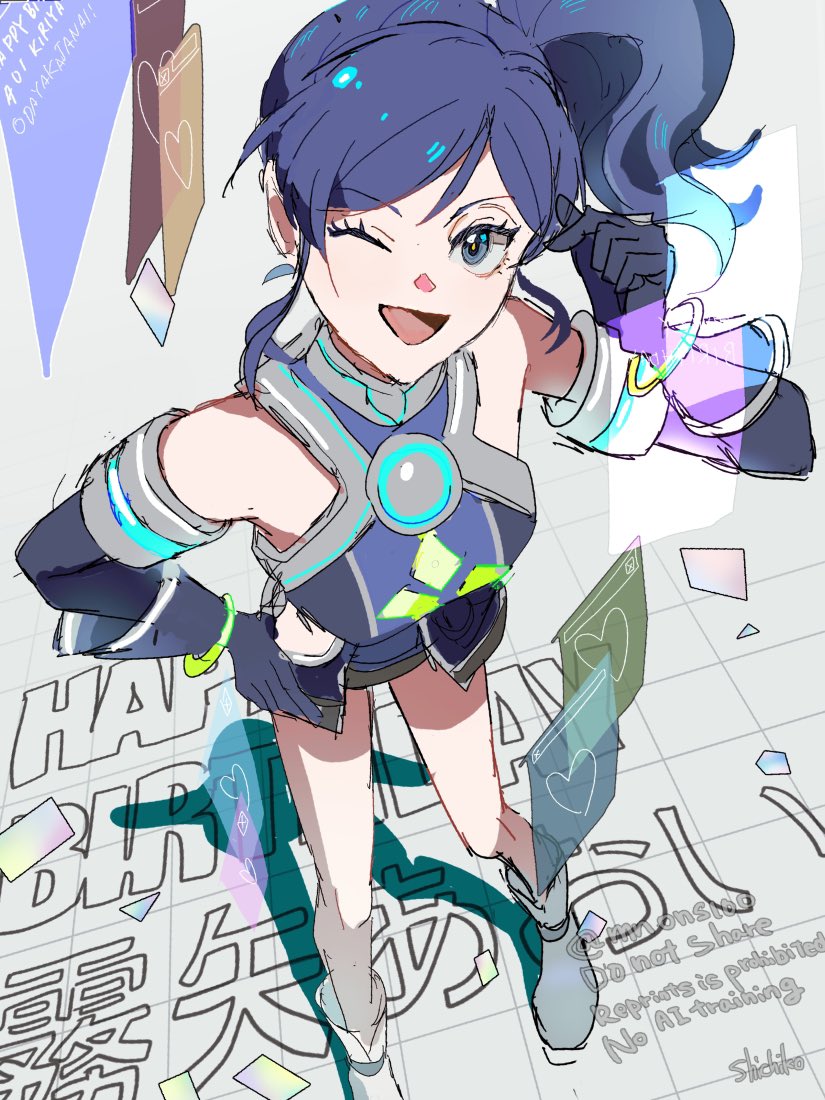 shichiko (kerori), kiriya aoi, aikatsu!, aikatsu! (series), commentary request, 1girl, ;d, bare shoulders, black gloves, blue dress, blue eyes, blue hair, boots, bracelet, breasts, character name, dress, elbow gloves, full body, gloves, grey background, hand on own hip, happy birthday, jewelry, long hair, looking at viewer, medium breasts, one eye closed, open mouth, retrofuturism, short dress, side ponytail, sleeveless, sleeveless dress, smile, solo
