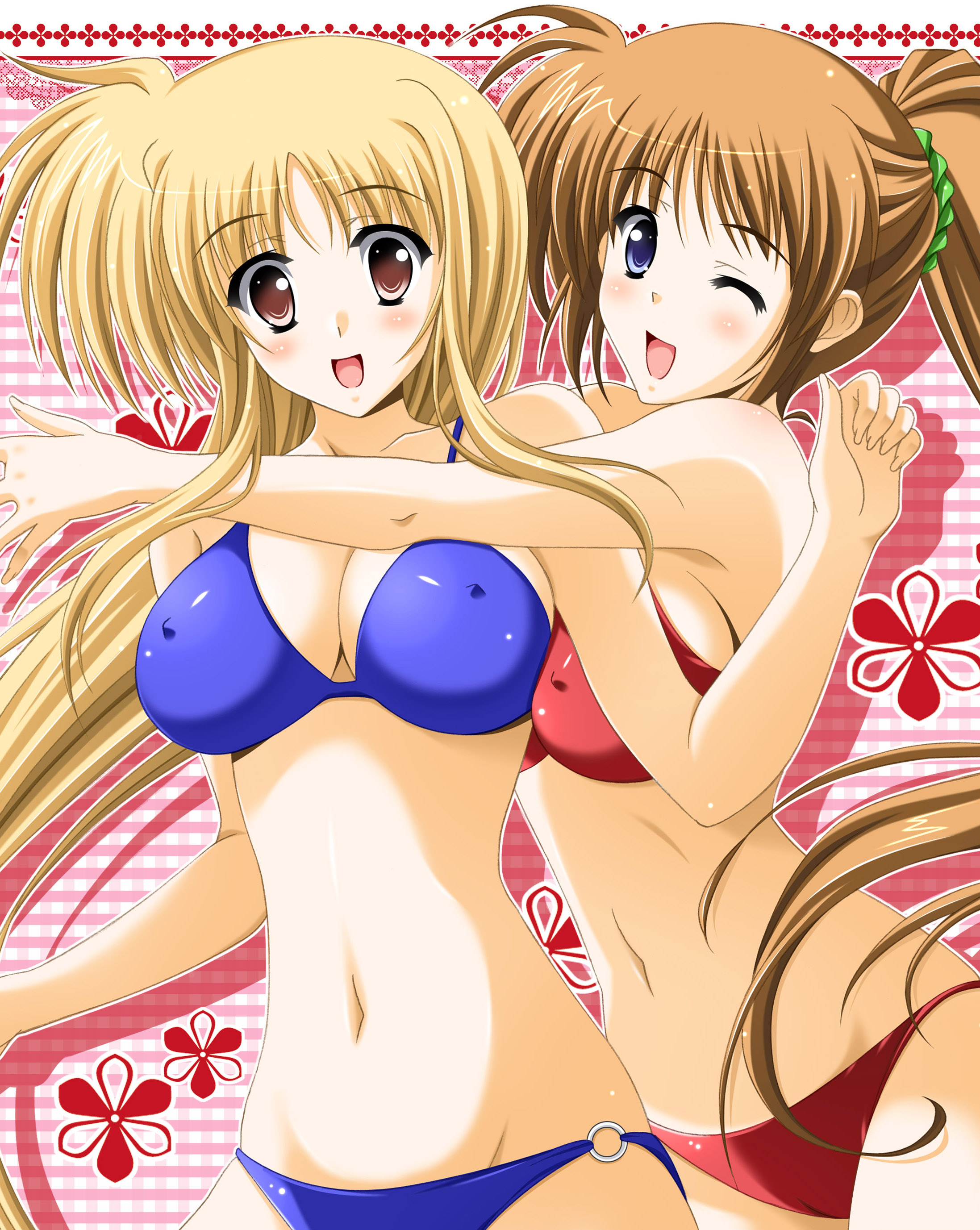 oda ken'ichi, fate testarossa, takamachi nanoha, lyrical nanoha, mahou shoujo lyrical nanoha, mahou shoujo lyrical nanoha strikers, absurdres, highres, 00s, 2girls, bikini, blonde hair, blue eyes, blush, breasts, brown eyes, brown hair, cleavage, covered erect nipples, female focus, large breasts, long hair, midriff, multiple girls, open mouth, ponytail, smile, swimsuit, very long hair, wink