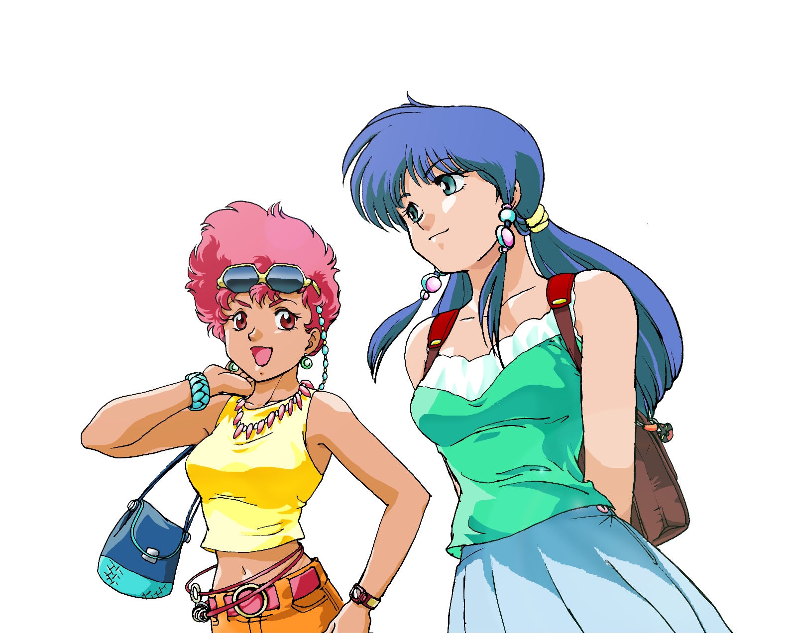 dokite tsukasa, kei (dirty pair), yuri (dirty pair), dirty pair, 1980s (style), highres, official art, 1990s (style), 2girls, arms behind back, backpack, bag, blue eyes, blue hair, bracelet, breasts, casual, closed mouth, crop top, dark-skinned female, dark skin, day, earrings, eyewear on head, handbag, jewelry, long hair, midriff, multiple girls, navel, necklace, oldschool, open mouth, over-rim eyewear, red eyes, red hair, retro artstyle, semi-rimless eyewear, short hair, simple background, smile, white background