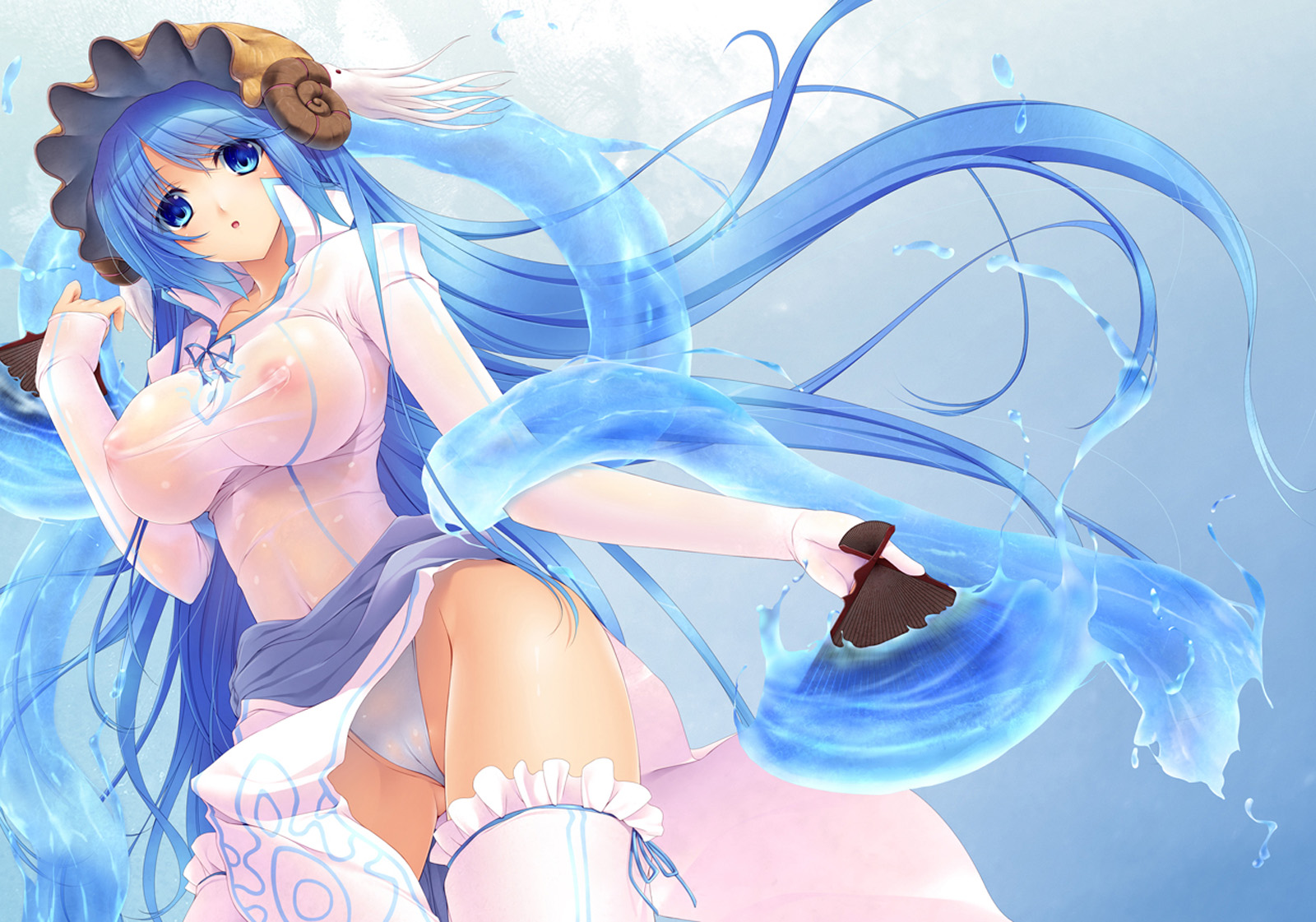 nakano sora, luna (luminous arc), lunaluna, lunaluna (luminous arc), luminous arc, luminous arc 2, highres, 1girl, blue hair, breasts, cameltoe, covered erect nipples, female focus, frilled thighhighs, frills, hand fan, hat, horns, impossible clothes, impossible shirt, large breasts, long hair, nautilus (animal), nipples, panties, sash, see-through clothes, shirt, solo, thighhighs, underwear, very long hair, white thighhighs