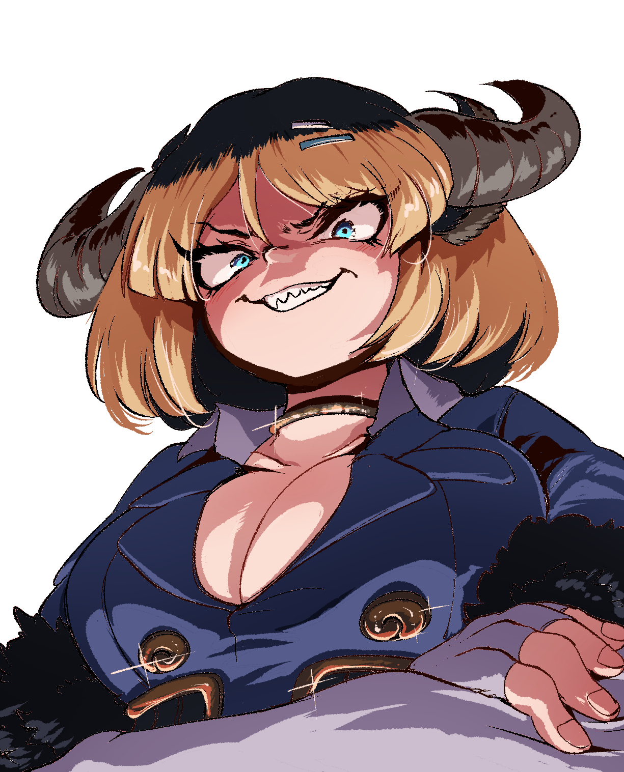 mcgunngu, gyumaou (kemono friends), kemono friends, highres, 1girl, animal ears, black hair, blonde hair, blue eyes, breasts, choker, cleavage, cow ears, cow girl, cow horns, elbow gloves, extra ears, fingerless gloves, gloves, hair ornament, hairpin, horns, jacket, large breasts, looking at viewer, multicolored hair, short hair, simple background, solo, two-tone hair, upper body