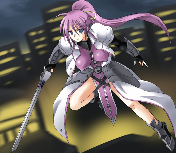 ment, laevatein (nanoha), signum, lyrical nanoha, mahou shoujo lyrical nanoha, mahou shoujo lyrical nanoha a's, mahou shoujo lyrical nanoha strikers, 00s, armor, blue eyes, breasts, cityscape, fingerless gloves, gloves, large breasts, long hair, pink hair, ponytail, solo, sword, weapon