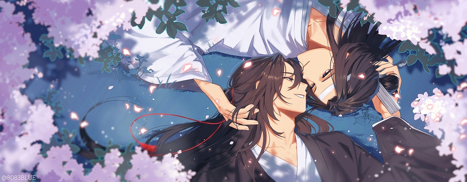 8083 blue, lan wangji, wei wuxian, modao zushi, commentary request, 2boys, black hair, cherry blossoms, chinese clothes, closed mouth, grin, hair between eyes, hanfu, long hair, looking at another, lying, male focus, multiple boys, on back, petals, short hair, smile, very long hair, wide sleeves, yaoi
