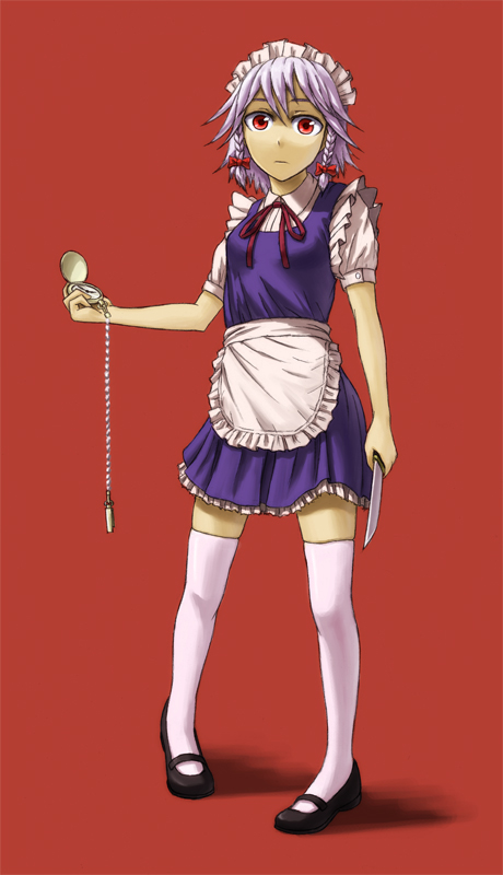 kurione (pixiv), kurione (zassou), izayoi sakuya, touhou, silver hair, bad id, bad pixiv id, 1girl, braid, female focus, full body, hairband, knife, legs, lingerie, maid, maid headdress, mary janes, petticoat, pigeon-toed, pocket watch, red eyes, shoes, short hair, simple background, solo, thighhighs, twin braids, underwear, watch, wristwatch