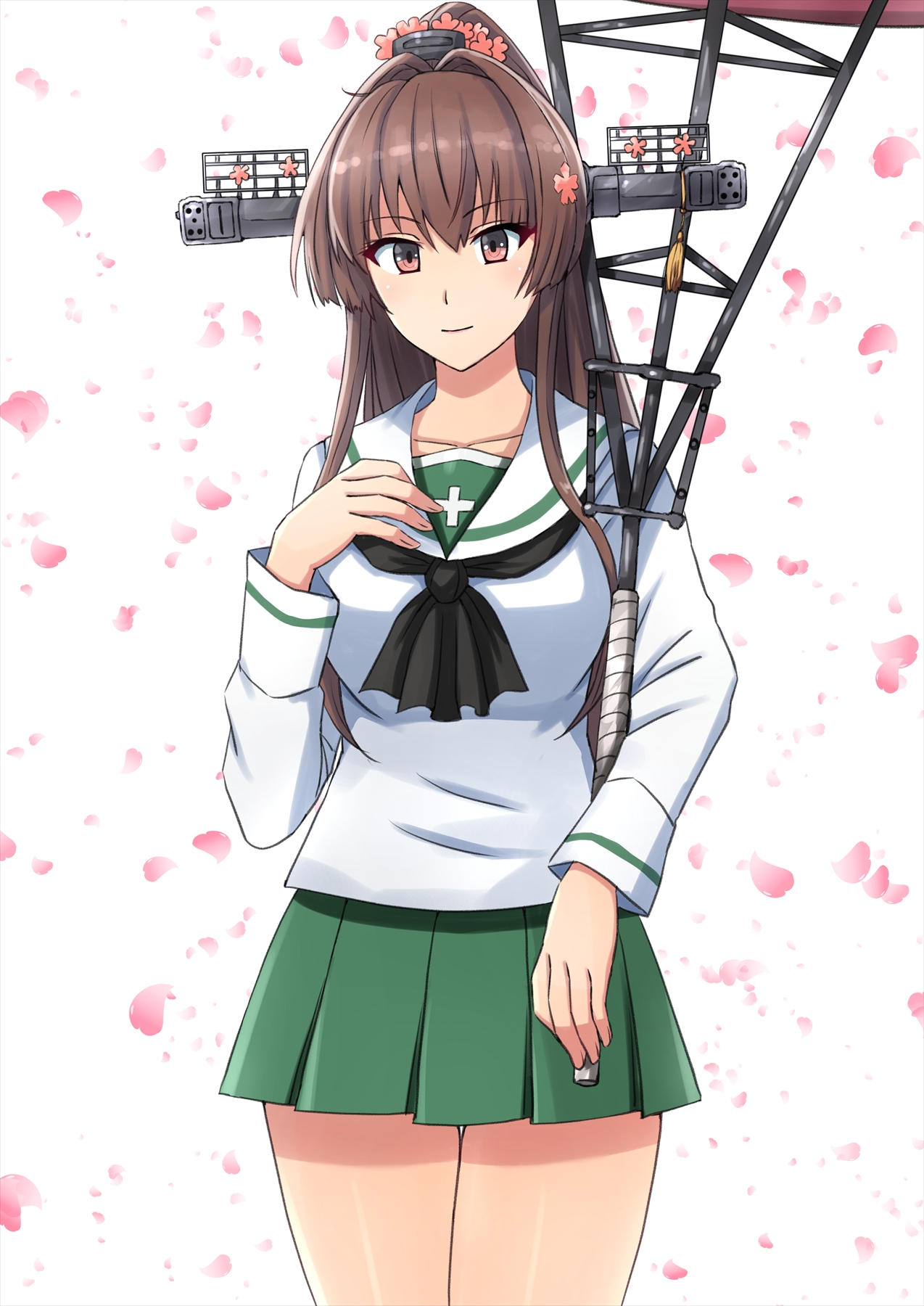 omachi (slabco), yamato (kancolle), girls und panzer, kantai collection, highres, 1girl, black neckerchief, brown eyes, brown hair, cherry blossoms, cosplay, flower, green skirt, hair flower, hair ornament, headgear, holding, holding umbrella, long hair, long sleeves, looking at viewer, miniskirt, neckerchief, ooarai school uniform, school uniform, serafuku, shirt, skirt, solo, umbrella, white shirt