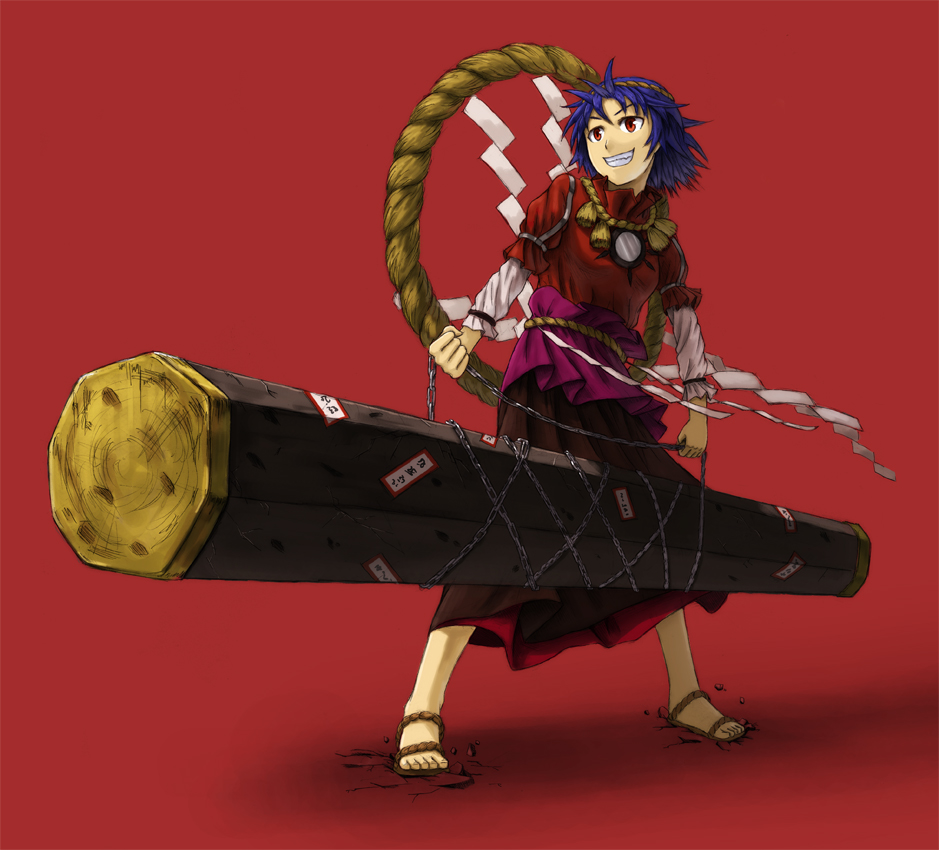 kurione (pixiv), kurione (zassou), yasaka kanako, touhou, bad id, bad pixiv id, 1girl, blue hair, broken ground, carrying, chain, female focus, grin, hairband, huge weapon, onbashira, red background, red eyes, rope, sandals, short hair, simple background, smile, solo, weapon