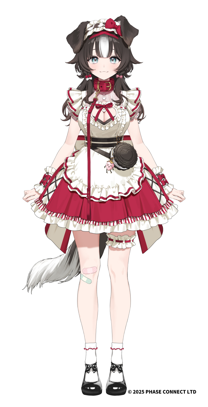 usuke (u skeeep), bibi biscuit, phase connect, highres, official art, 1girl, animal ears, bandaid, bandaid on leg, black hair, black shoes, blue eyes, bow, breasts, cleavage, closed mouth, dog ears, dog girl, dog tail, frilled hairband, frilled thigh strap, frills, full body, hairband, long hair, looking at viewer, multicolored hair, red bow, shoes, short sleeves, simple background, smile, socks, solo, standing, streaked hair, tail, thigh strap, virtual youtuber, white background, white hair, white socks