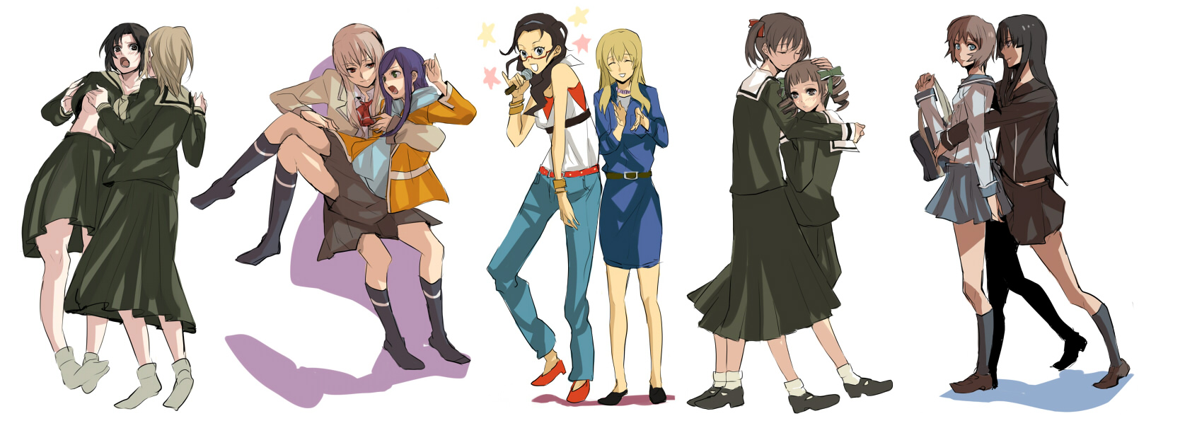 mochako (motyako), motyako, fujino shizuru, fukuzawa yumi, isayama yomi, kimura takako, kuga natsuki, matsudaira touko, mizuno youko, ookouchi shino, satou sei, tsuchimiya kagura, ga-rei, ga-rei zero, kannagi, maria-sama ga miteru, my-hime, hand on head, highres, long image, wide image, 00s, 6+girls, blonde hair, closed eyes, comforting, crossover, forehead, head rest, legs, multiple girls, yuri