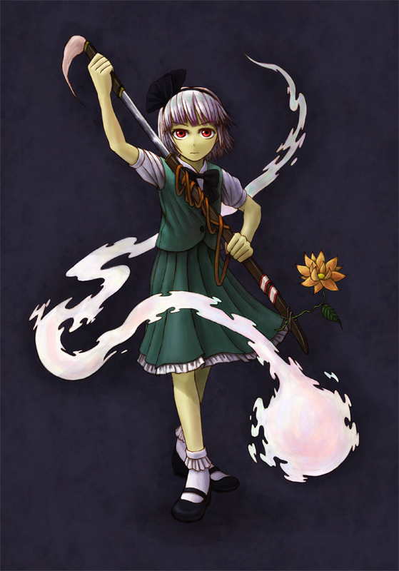 kurione (pixiv), kurione (zassou), konpaku youmu, konpaku youmu (ghost), touhou, silver hair, bad id, bad pixiv id, 1girl, female focus, flower, ghost, hairband, katana, red eyes, sheath, short hair, solo, sword, unsheathing, weapon