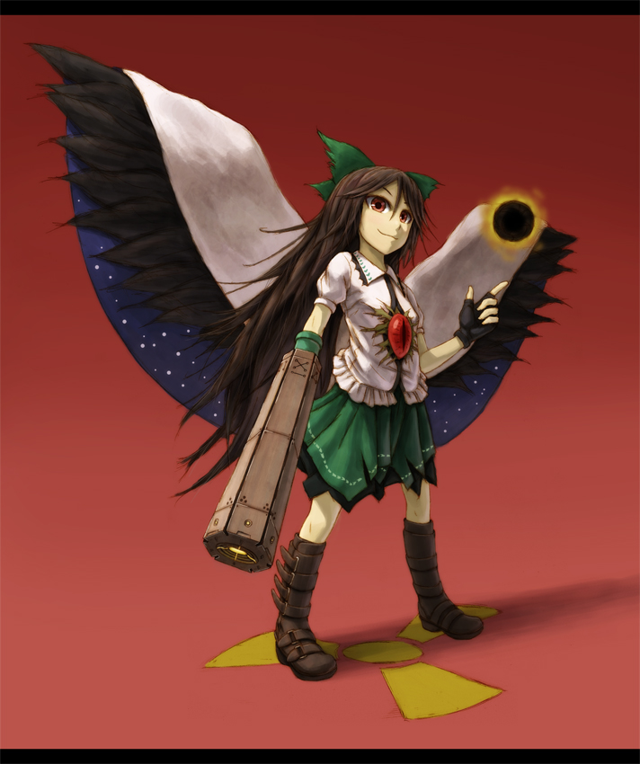 kurione (pixiv), kurione (zassou), reiuji utsuho, touhou, bad id, bad pixiv id, 1girl, black hair, boots, cape, female focus, long hair, red eyes, solo, wings