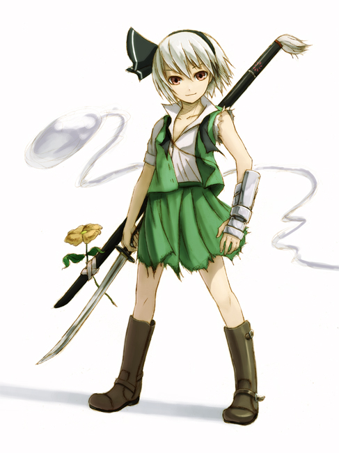 kurione (pixiv), kurione (zassou), konpaku youmu, konpaku youmu (ghost), touhou, silver hair, bad id, bad pixiv id, 1girl, female focus, flower, gauntlets, ghost, hairband, katana, short hair, solo, sword, torn clothes, weapon