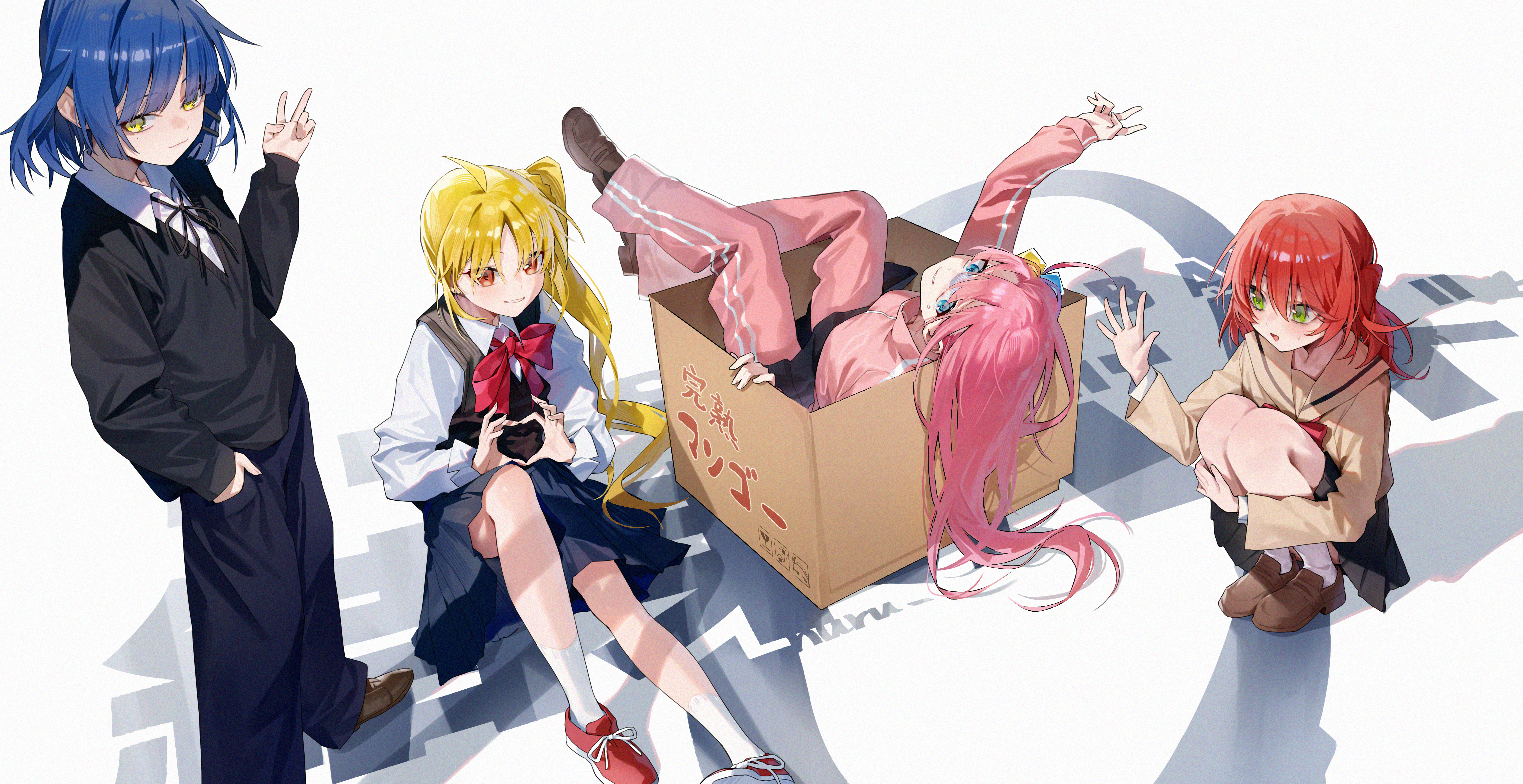 nuru (ezvr2347), gotoh hitori, ijichi nijika, kita ikuyo, yamada ryo, bocchi the rock!, absurdres, commentary, highres, 4girls, ahoge, black ribbon, black skirt, black sweater, black sweater vest, blonde hair, blue eyes, blue hair, blue pants, blue skirt, bow, bowtie, box, brown sailor collar, brown shirt, brown shoes, cardboard box, closed mouth, collared shirt, cube hair ornament, green eyes, hair between eyes, hair ornament, hair spread out, hairclip, hand in pocket, hand up, heart, heart hands, hugging own legs, jacket, kessoku band, loafers, long bangs, long hair, long sleeves, miniskirt, multiple girls, neck ribbon, one side up, open mouth, orange eyes, pants, pants under skirt, parallel hairclips, parted bangs, parted lips, pink hair, pink jacket, pink pants, pleated skirt, polka dot, polka dot bow, polka dot bowtie, reclining, red bow, red bowtie, red hair, red shoes, ribbon, sailor collar, school uniform, shadow, shirt, shoes, short hair, side ponytail, sitting, skirt, smile, sneakers, socks, squatting, standing, sweater, sweater vest, text background, track jacket, v, v-neck, very long hair, white background, white shirt, white socks, wispy bangs, yellow eyes