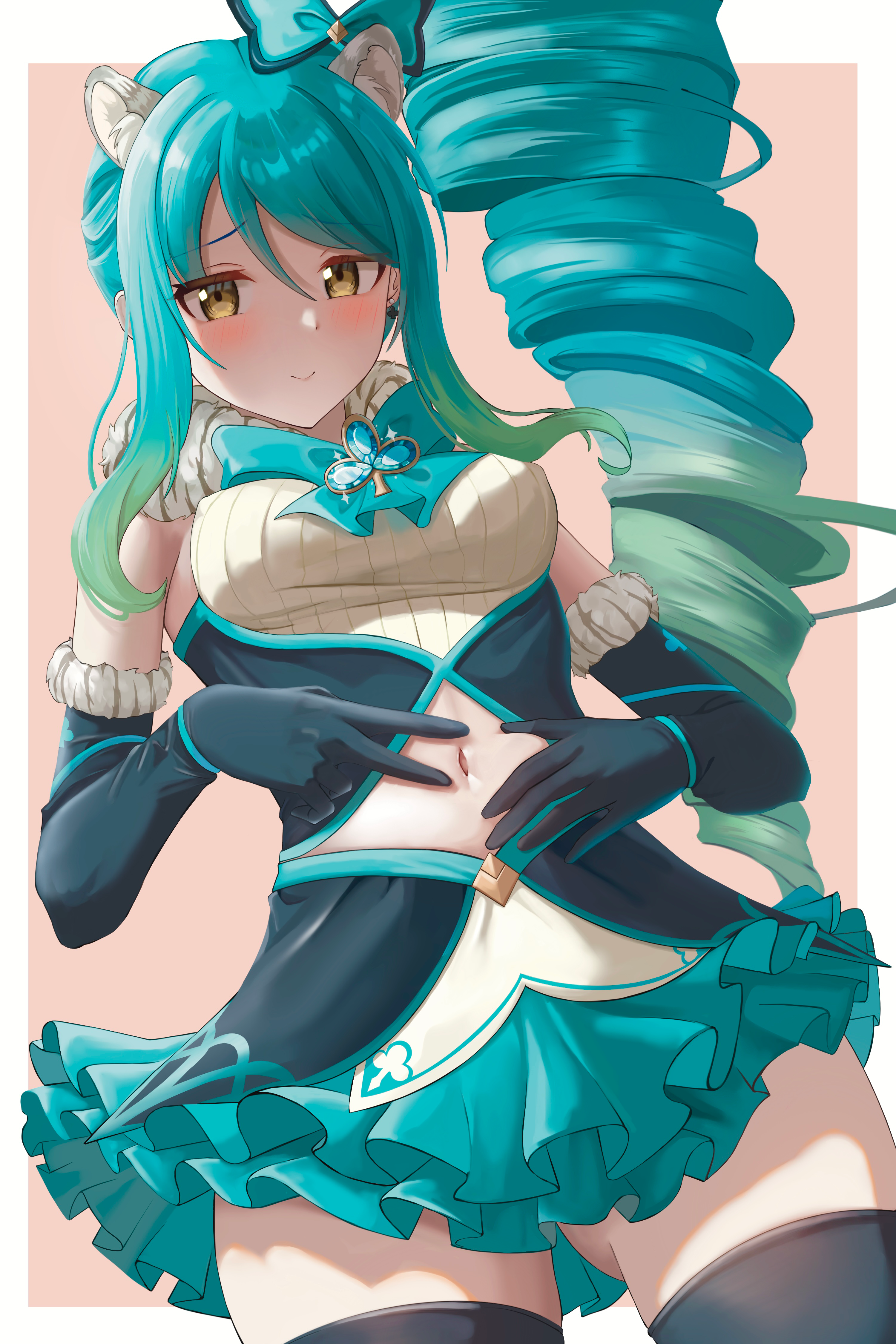 craig (2980ct), shiori (magical girl) (princess connect!), shiori (princess connect!), princess connect!, absurdres, highres, 1girl, animal ear fluff, animal ears, black gloves, blush, bow, breasts, closed mouth, clover ornament, drill hair, elbow gloves, frilled skirt, frills, fur-trimmed gloves, fur collar, fur trim, gloves, gluteal fold, gradient hair, green hair, hair bow, hand on own stomach, light smile, magical girl, multicolored hair, navel, side drill, skirt, standing, thighhighs, tiger ears, tiger girl, yellow eyes