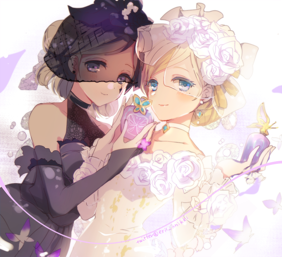 eric knikki, vera nair, vera nair (fatal affection), vera nair (tonight or never), identity v, 2girls, black bridal gauntlets, black dress, black veil, black vs white, blonde hair, blue eyes, bottle, bridal gauntlets, bug, butterfly, choker, diamond (gemstone), dress, earrings, fishnet veil, flower, frilled sleeves, frills, gem, grey hair, hair flower, hair ornament, half up bun, insect, jewelry, lace, light blush, mole, mole under eye, multiple girls, multiple persona, off shoulder, official alternate costume, pearl (gemstone), perfume bottle, purple butterfly, purple eyes, rose, see-through clothes, see-through veil, smile, striped blush, twitter username, upper body, veil, white choker, white dress, white flower, white rose, white veil