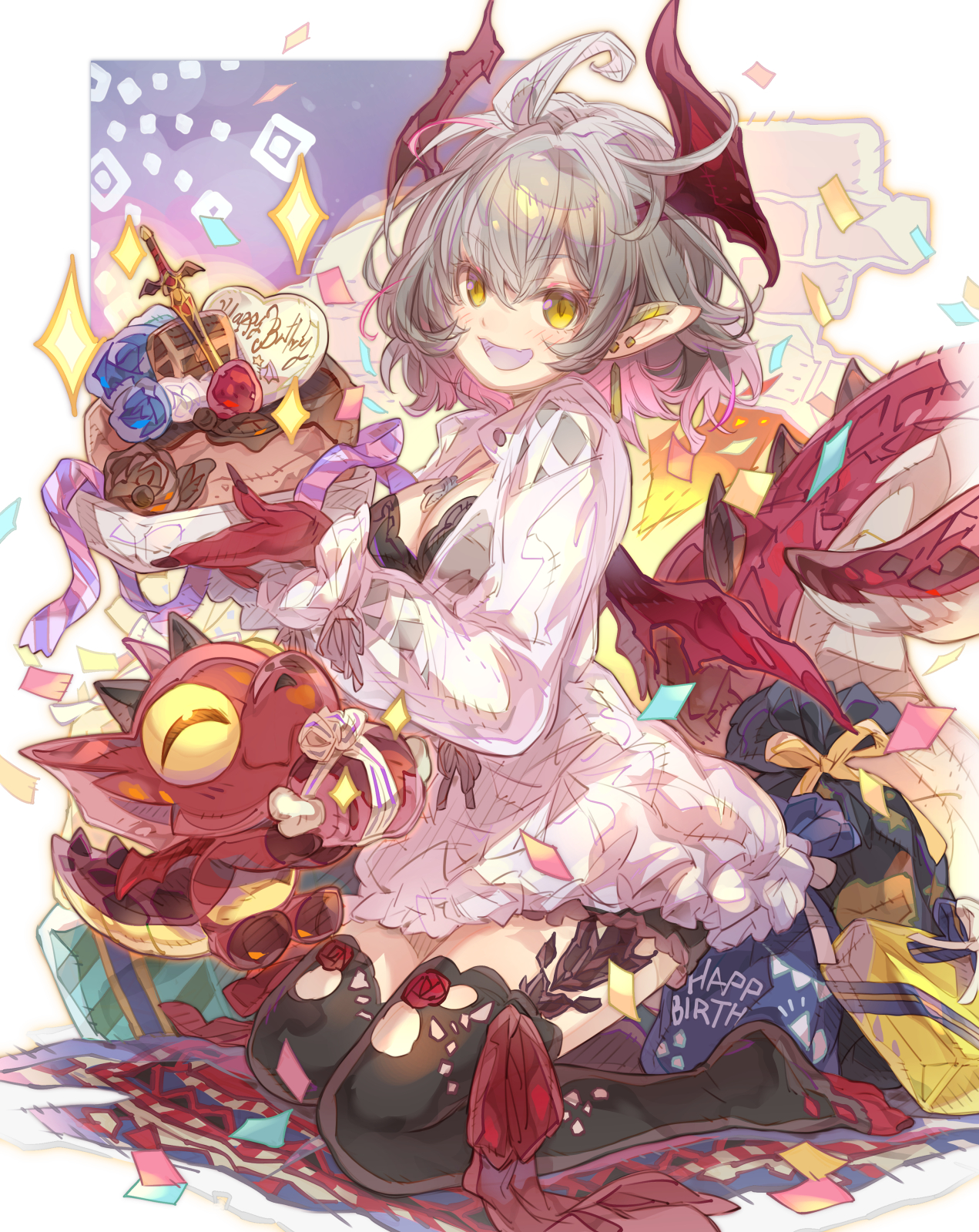 haku (sabosoda), commentary request, commission, copyright request, highres, skeb commission, 1girl, :d, animal, black thighhighs, box, breasts, brown eyes, cleavage, confetti, dragon, dragon girl, dragon horns, dragon tail, dress, ear piercing, food, full body, gift, gift bag, gift box, grey hair, hair between eyes, happy birthday, holding, holding food, horns, medium breasts, open mouth, piercing, pointy ears, smile, solo, sparkle, tail, thighhighs, virtual youtuber, white dress