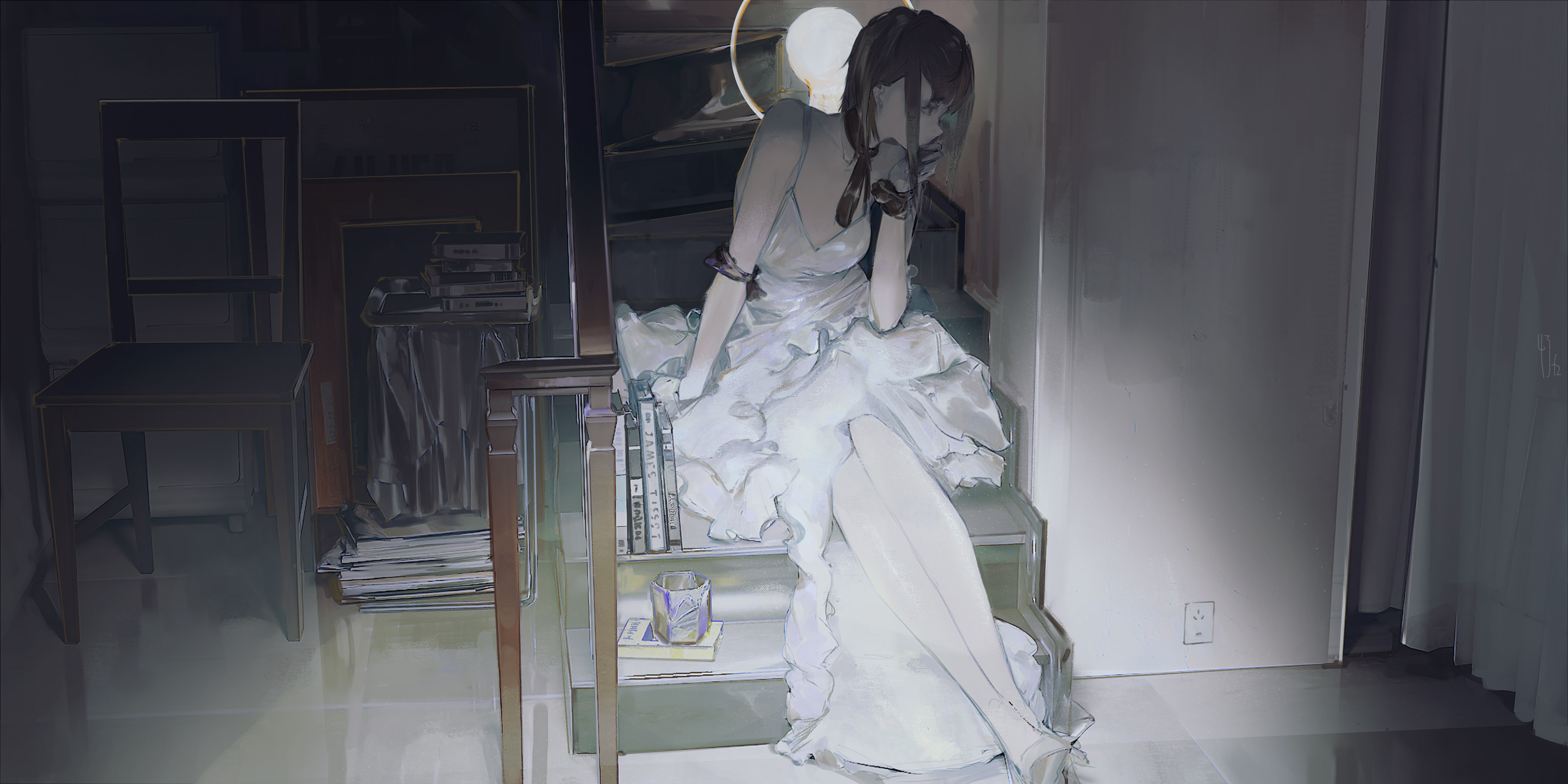 marcowwine, original, absurdres, highres, 1girl, barefoot, black hair, book, chair, curtains, dark, dress, gloves, indoors, looking to the side, neck ribbon, ribbon, short hair, sitting, sitting on stairs, sleeveless, sleeveless dress, solo, stairs, white dress, wide shot, wooden chair