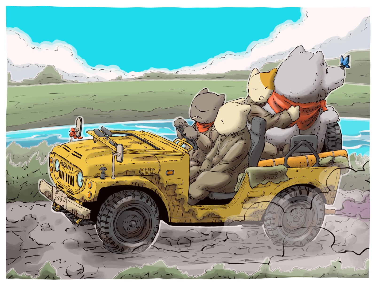 yabarn, original, highres, 3boys, bear, bug, butterfly, car, cat boy, insect, license plate, military jeep, motor vehicle, mountainous horizon, multiple boys, road, vehicle focus, water
