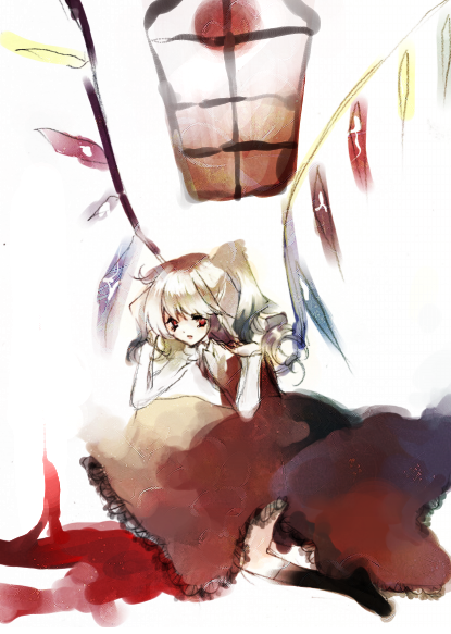 prino hawell, flandre scarlet, touhou, bad id, bad pixiv id, 1girl, blonde hair, dress, female focus, frilled dress, frills, moon, no headwear, one side up, open mouth, red dress, red eyes, red moon, short hair, short sleeves, side ponytail, solo, white background, window, wings