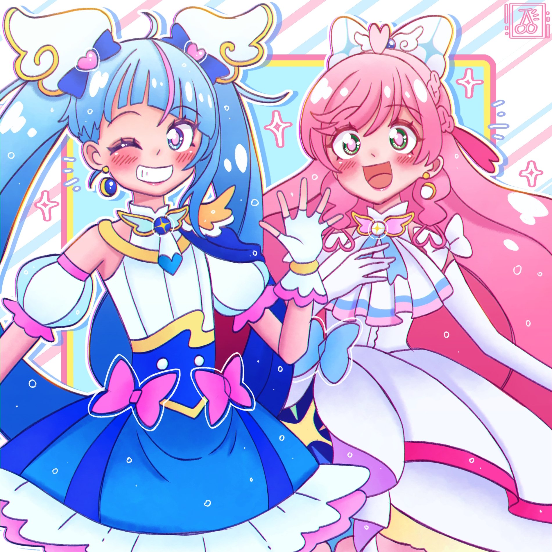 cherrieflavors, cure prism, cure sky, nijigaoka mashiro, sora harewataru, hirogaru sky! precure, precure, commentary, english commentary, highres, 2girls, :d, ;d, ahoge, arm bow, artist logo, ascot, asymmetrical bangs, blue bow, blue cape, blue dress, blue eyes, blush, bow, braid, bright pupils, brooch, cape, colored petticoat, cut bangs, detached sleeves, diagonal bangs, dress, dress bow, earrings, elbow gloves, fingerless gloves, four-pointed star, frilled dress, frills, gloves, grin, hair bow, hair ornament, hair ribbon, half up braid, halter dress, halterneck, hand on own chest, hand up, heart, heart ahoge, jewelry, layered dress, lips, lipstick, logo, long hair, looking at viewer, magical girl, makeup, medium dress, multicolored hair, multiple girls, notice lines, one eye closed, open mouth, outline, patterned background, petticoat, pink bow, pink hair, pink lips, pink pupils, pink ribbon, pop art, puffy detached sleeves, puffy sleeves, red cape, ribbon, sidelocks, single bare shoulder, single earring, single hair streak, single sidelock, sleeveless, sleeveless dress, smile, sphere earrings, spread fingers, star (symbol), streaked hair, striped background, swept bangs, twintails, two-sided cape, two-sided fabric, two-tone dress, two-tone hair, upper body, very long hair, waving, white ascot, white bow, white dress, white gloves, white outline, wing brooch, wing hair ornament