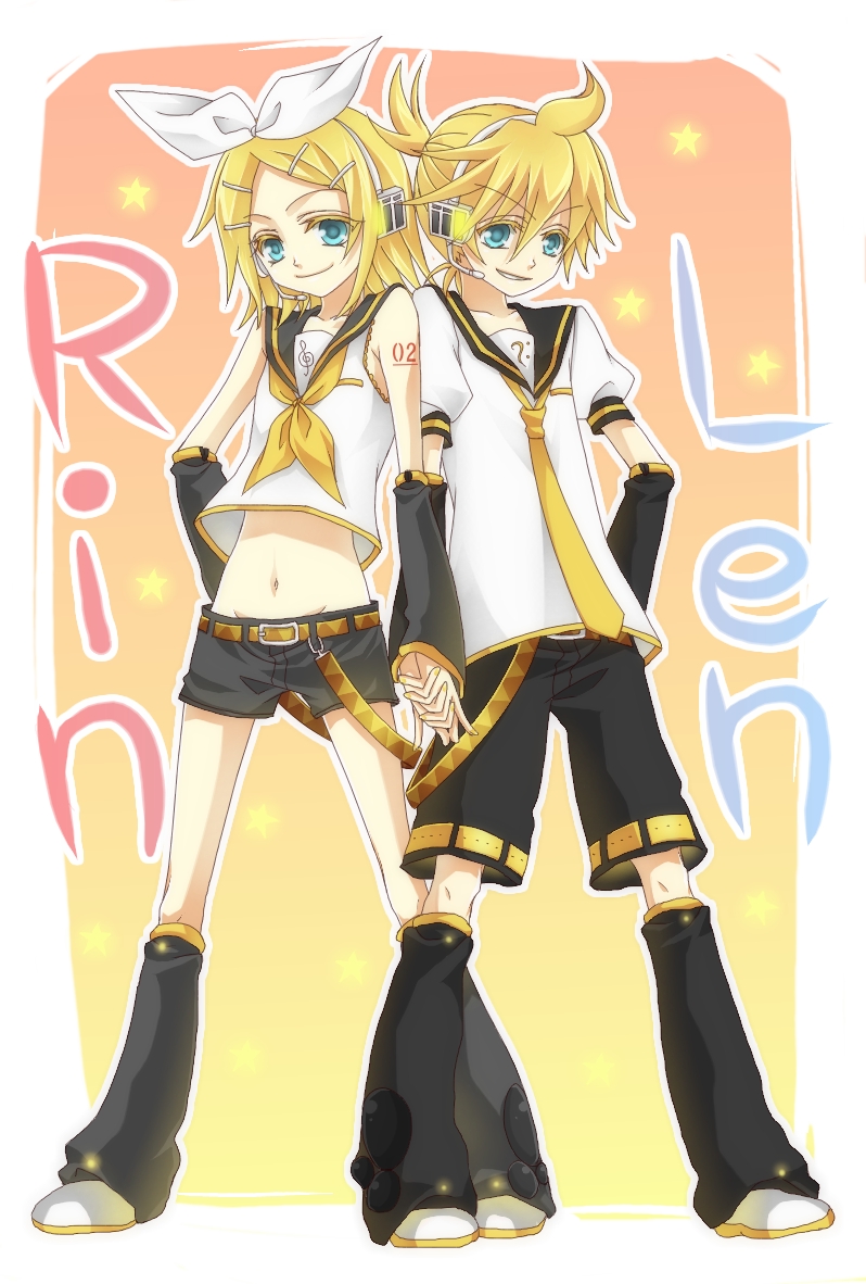 sakuragi mikan, kagamine len, kagamine rin, vocaloid, bad id, bad pixiv id, 1boy, 1girl, blonde hair, blue eyes, brother and sister, detached sleeves, hair ornament, hairclip, headphones, headset, hetero, holding hands, midriff, necktie, ribbon, short hair, shorts, siblings, twins, yellow necktie