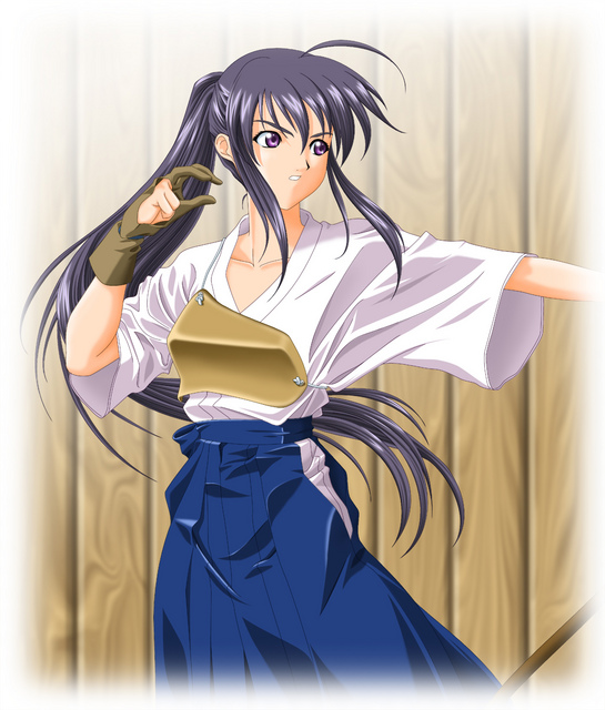 fukuoka katsumi, akane (fukuoka katsumi), original, 1girl, archery, black hair, blue hakama, bow (weapon), collarbone, female focus, gloves, hakama, hakama skirt, japanese clothes, kyuudou, long hair, muneate, partially fingerless gloves, partly fingerless gloves, ponytail, purple eyes, single glove, skirt, solo, very long hair, weapon, yugake