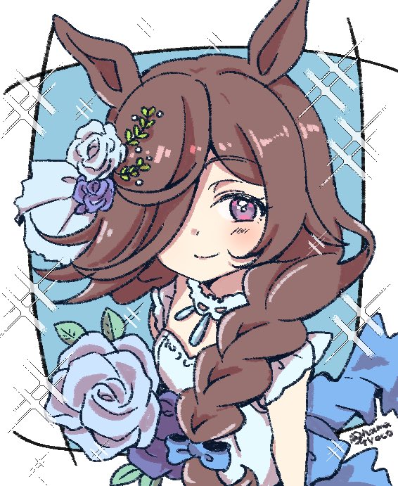 namatyoco, rice shower (umamusume), umamusume, 1girl, alternate costume, alternate hairstyle, animal ears, blue flower, blue rose, blush, braid, brown hair, dress, flipped hair, flower, hair over one eye, hat, hat flower, horse ears, horse girl, horse tail, long hair, looking at viewer, low-tied long hair, off-shoulder dress, off shoulder, purple eyes, rose, smile, solo, tail