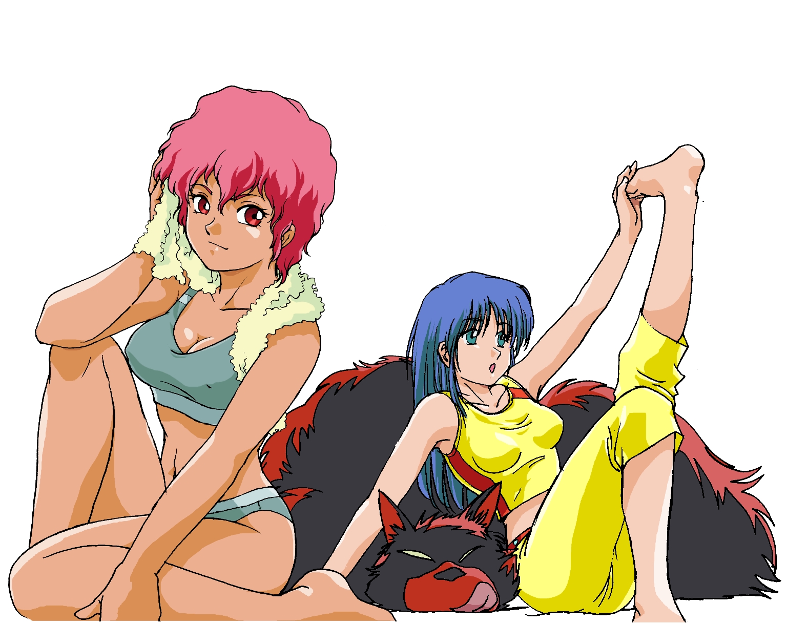 dokite tsukasa, kei (dirty pair), mughi, yuri (dirty pair), dirty pair, 1980s (style), highres, official art, 2girls, blue hair, breasts, closed mouth, long hair, multiple girls, oldschool, open mouth, red hair, retro artstyle, short hair, simple background, smile, white background