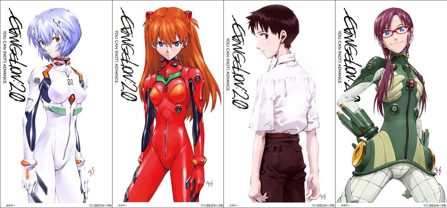sadamoto yoshiyuki, ayanami rei, ikari shinji, makinami mari illustrious, souryuu asuka langley, evangelion: 2.0 you can (not) advance, neon genesis evangelion, rebuild of evangelion, jpeg artifacts, official art, >:(, 00s, 1boy, 3girls, angry, belt, black eyes, black hair, blue eyes, blue hair, bodysuit, bracer, breasts, brown hair, column lineup, copyright name, cowboy shot, dress shirt, earphones, english text, expressionless, frown, glasses, hair between eyes, hair ornament, hair over shoulder, hairband, hairclip, hand on own hip, interface headset (evangelion), legs apart, light smile, long hair, looking back, low twintails, mecha pilot suit, multicolored bodysuit, multiple girls, orange hair, pale skin, pants, plugsuit (evangelion), pocket, purple hair, red-framed eyewear, red eyes, school uniform, shirt, short hair, short sleeves, signature, simple background, small breasts, smile, standing, twintails, two-tone bodysuit, v-shaped eyebrows, vambraces, white background