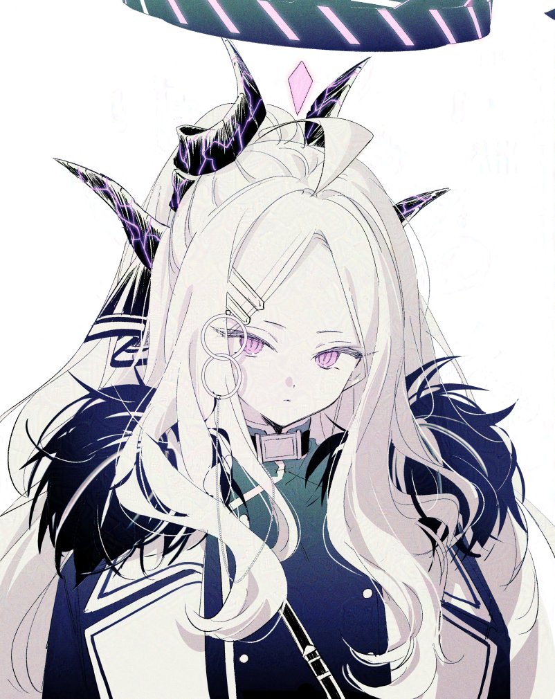 ouri (aya pine), hina (blue archive), blue archive, 1girl, ahoge, black coat, black halo, black jacket, closed mouth, coat, double-parted bangs, halo, jacket, long hair, looking at viewer, ponytail, purple eyes, sidelocks, solo, upper body, white hair