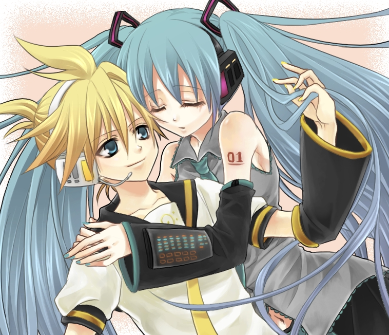 sakuragi mikan, hatsune miku, kagamine len, vocaloid, bad id, bad pixiv id, aqua hair, blonde hair, blue eyes, closed eyes, detached sleeves, headphones, headset, hug, long hair, navel, necktie, twintails, very long hair