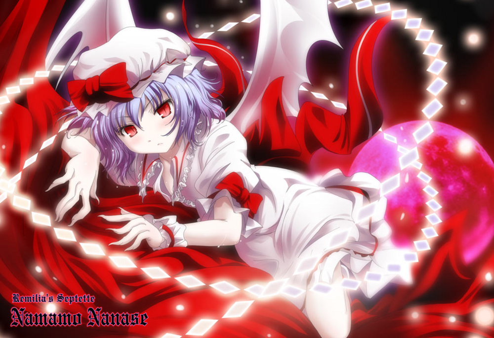namamo nanase, remilia scarlet, touhou, 1girl, blue hair, blush, female focus, lying, moon, red eyes, ribbon, solo