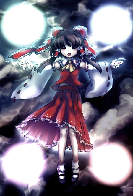 enone, hakurei reimu, touhou, 1girl, bobby socks, bow, brown hair, closed eyes, detached sleeves, female focus, floating, glowing, hair bow, large bow, long hair, magic, mary janes, midriff, open mouth, outstretched arms, shoes, socks, solo, spread arms, white socks
