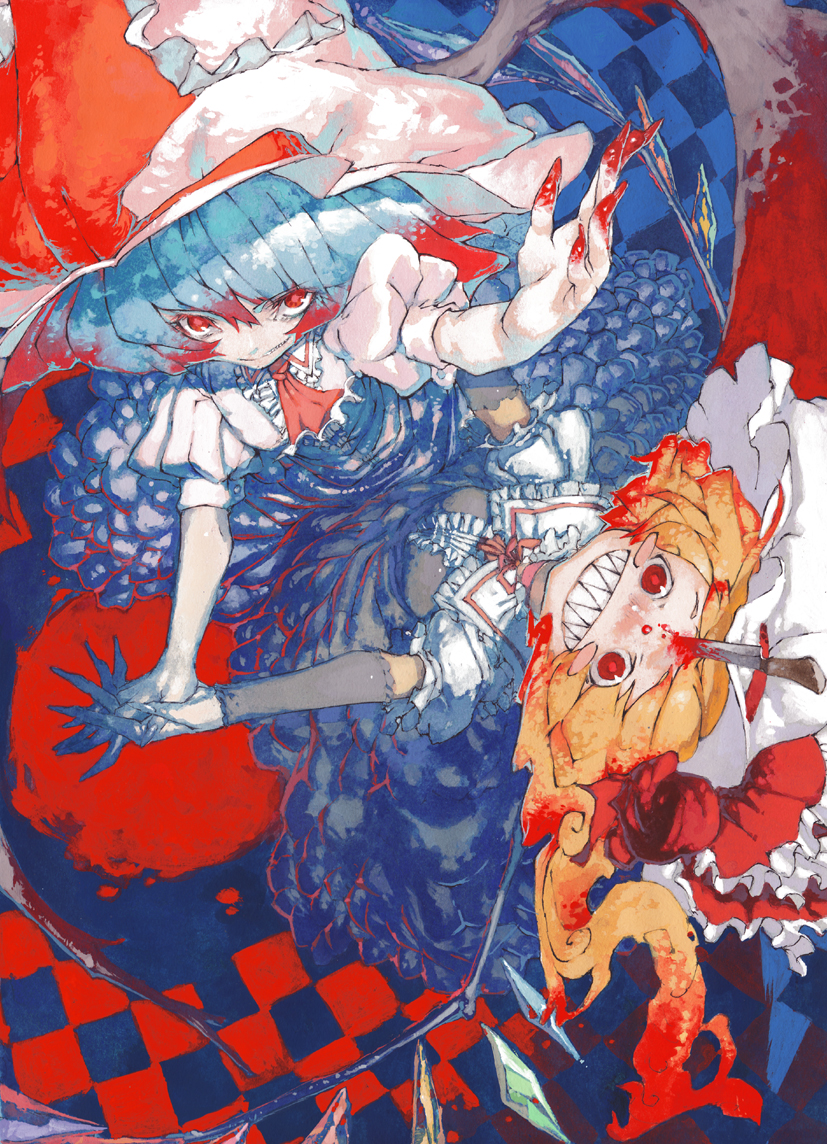 chomoran, flandre scarlet, remilia scarlet, touhou, 2girls, aqua hair, bat wings, blonde hair, blood, blue hair, claws, dress, female focus, fingernails, foreshortening, from above, grin, hat, holding hands, knife, looking up, multicolored hair, multiple girls, ponytail, psychedelic, red eyes, sharp teeth, short hair, siblings, side ponytail, sisters, smile, teeth, two-tone hair, wings