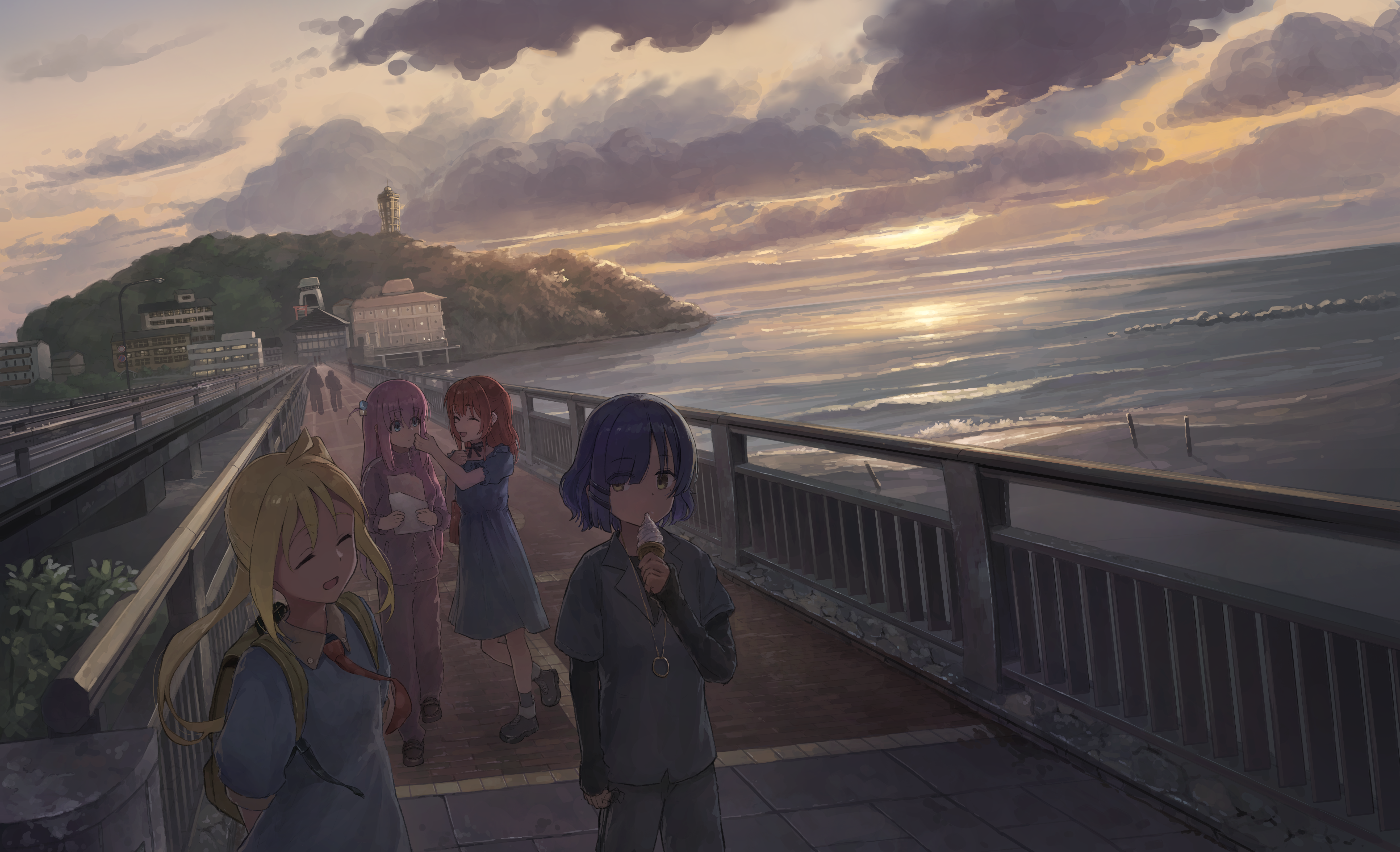 ayanagi0319, gotoh hitori, ijichi nijika, kita ikuyo, yamada ryo, bocchi the rock!, absurdres, commentary request, highres, 4girls, ^ ^, alternate costume, backpack, bag, beach, black shirt, blonde hair, blue dress, blue hair, blue shirt, blue shoes, bridge, building, closed eyes, closed mouth, cloud, cloudy sky, collared shirt, dot nose, dress, dutch angle, evening, grey pants, grey shirt, hair between eyes, hill, holding, holding ice cream cone, holding paper, horizon, ice cream cone, jacket, kessoku band, lamppost, layered sleeves, long bangs, long hair, long sidelocks, long sleeves, looking at another, medium dress, multiple girls, necktie, ocean, open mouth, outdoors, pants, paper, people, pink hair, pink jacket, pink pants, polka dot necktie, railing, red hair, red necktie, scenery, shirt, shoes, short hair, short over long sleeves, short sleeves, side ponytail, sidelocks, sky, sleeves past wrists, slice of life, standing