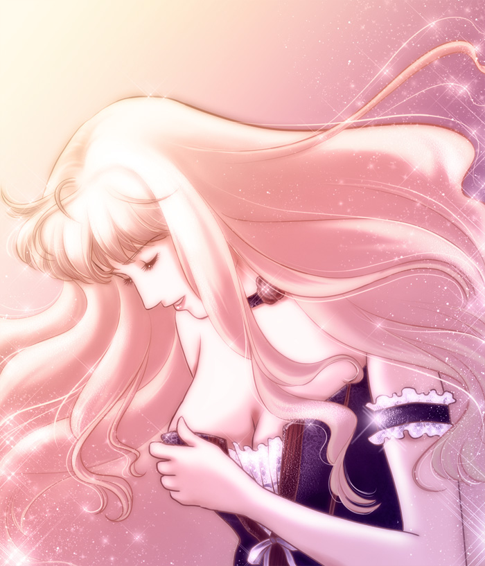 matsurica, sheryl nome, macross, macross frontier, 00s, 1girl, bare shoulders, blonde hair, breasts, choker, cleavage, closed eyes, female focus, grabbing another's breast, groping, long hair, solo