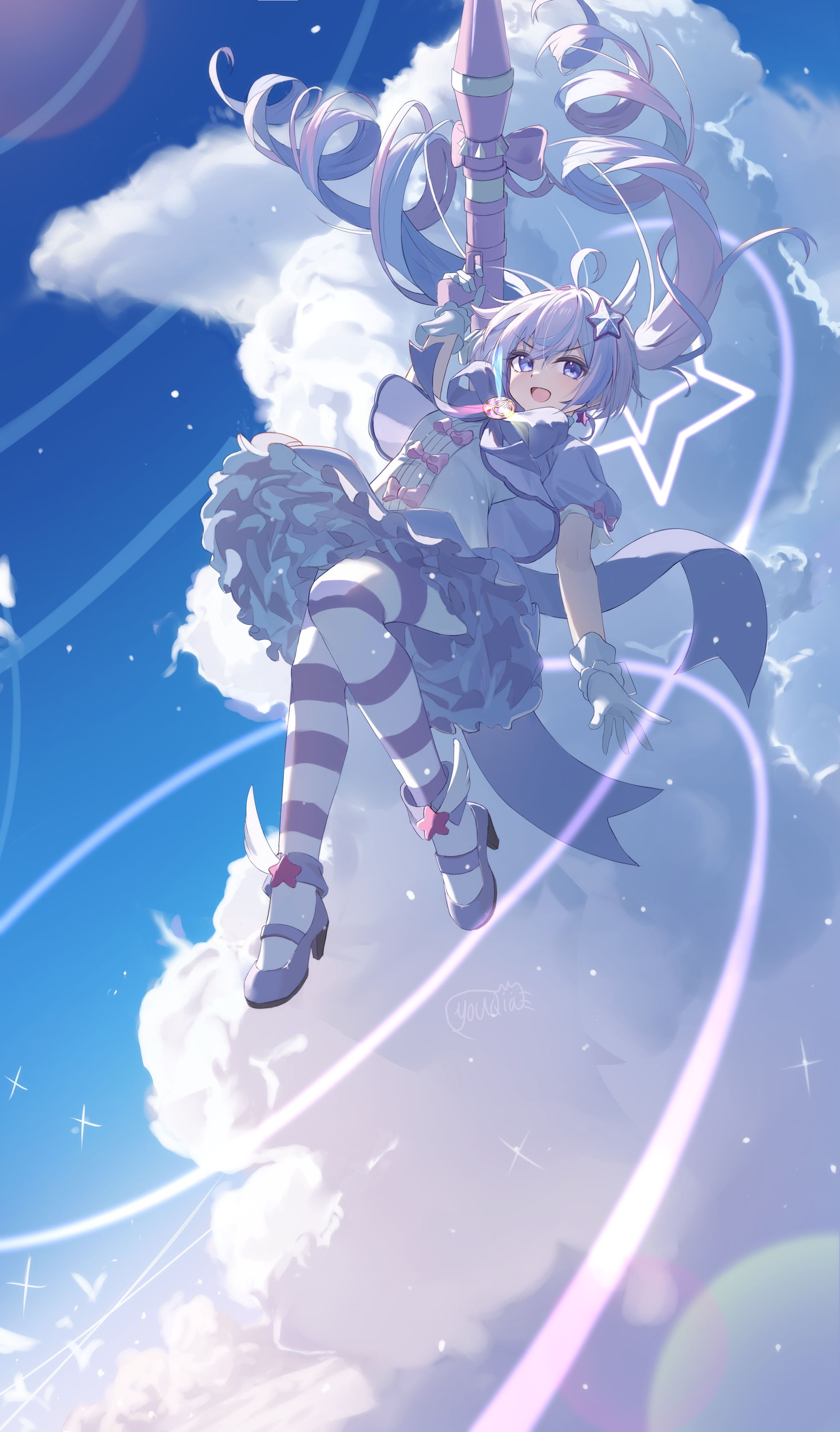 youqia, reisa (blue archive), reisa (magical) (blue archive), blue archive, absurdres, commentary request, highres, 1girl, blue hair, blue jacket, blue skirt, blush, drill hair, gloves, halo, high heels, holding, holding rocket launcher, holding weapon, jacket, long hair, looking at viewer, multicolored hair, official alternate costume, official alternate hairstyle, open mouth, purple eyes, purple hair, purple halo, purple shoes, purple theme, rocket launcher, shirt, shoes, short sleeves, sidelocks, skirt, solo, striped clothes, striped thighhighs, thighhighs, twin drills, two-tone hair, very long hair, weapon, white gloves, white shirt