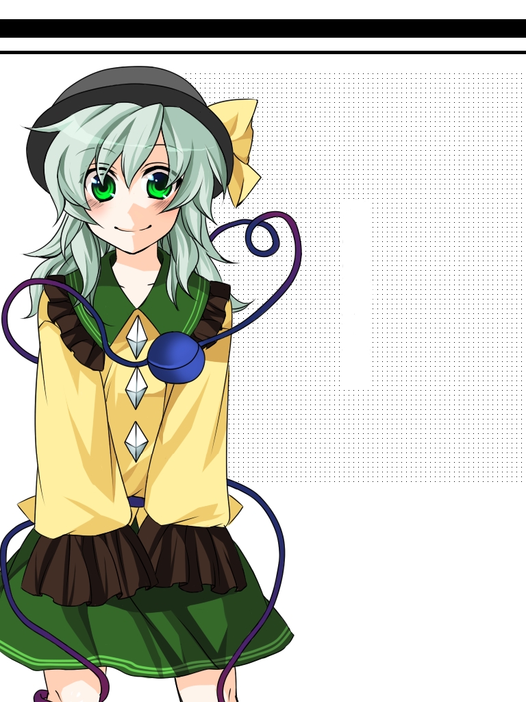 n-mix, komeiji koishi, touhou, 1girl, blush, eyeball, female focus, green eyes, green hair, hat, hat ribbon, heart, heart of string, long hair, long sleeves, looking at viewer, matching hair/eyes, ribbon, short hair, skirt, sleeves past wrists, smile, solo, third eye, white background