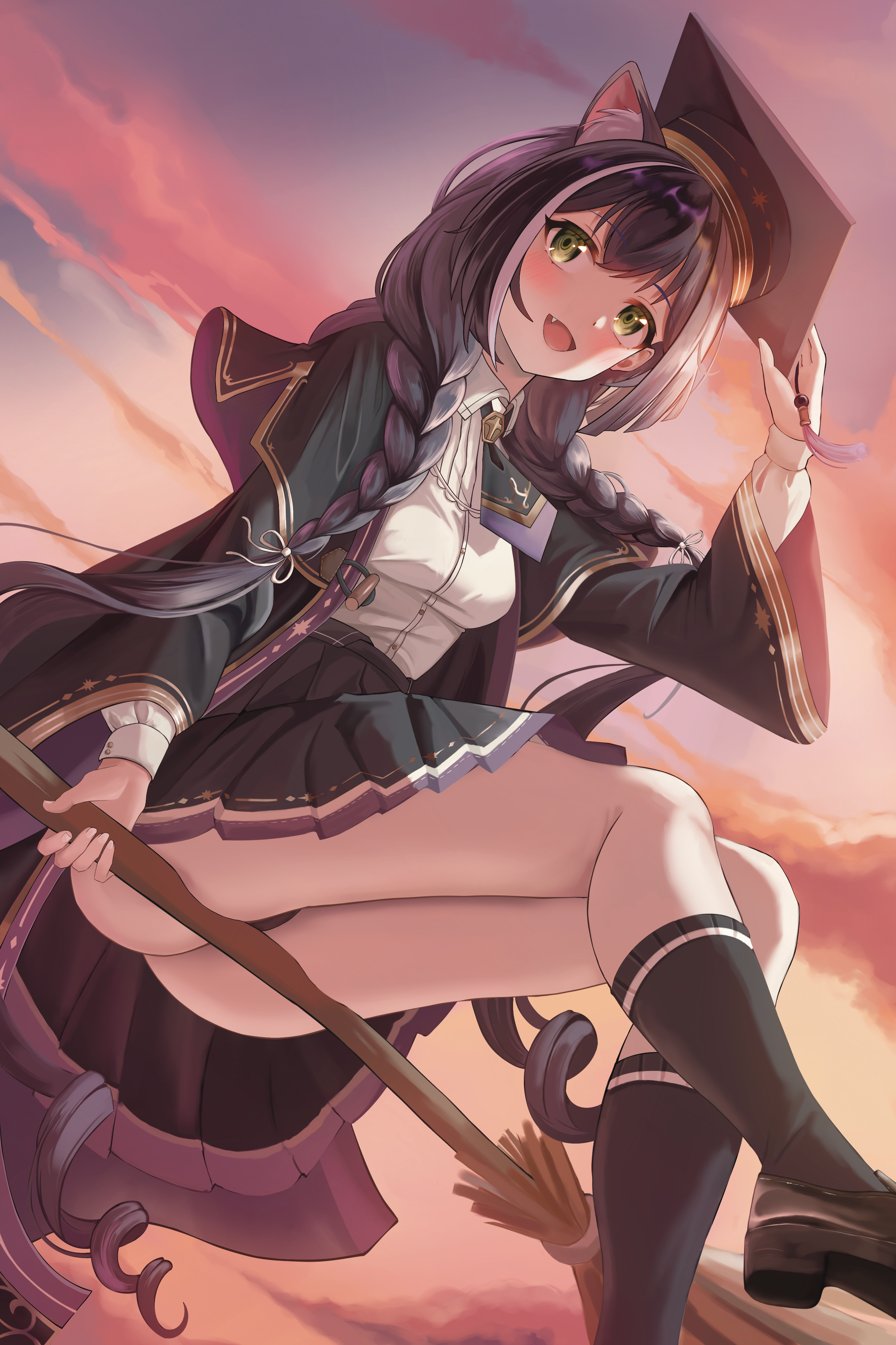 craig (2980ct), karyl (princess connect!), karyl (transfer student) (princess connect!), princess connect!, absurdres, highres, 1girl, animal ear fluff, animal ears, arm up, ass, black hair, black panties, black robe, black skirt, black socks, braid, breasts, broom, broom riding, cat ears, cat girl, collared shirt, fang, green eyes, hair over shoulder, hat, kneehighs, loafers, long sleeves, low twin braids, medium breasts, mortarboard, multicolored hair, necktie, open clothes, open mouth, open robe, panties, robe, shirt, shoes, short necktie, skirt, smile, socks, solo, streaked hair, twilight, twin braids, underwear, white shirt, white streaks, wide sleeves