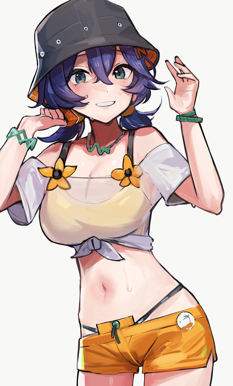 solokitsune, belle (summer skies) (zenless zone zero), belle (zenless zone zero), zenless zone zero, commentary request, highres, revision, 1girl, bikini, black hat, blue hair, bracelet, breasts, bucket hat, cleavage, collarbone, green eyes, hair between eyes, hat, jewelry, large breasts, looking at viewer, medium breasts, navel, necklace, official alternate costume, orange shorts, shirt, short hair, short twintails, shorts, solo, sweat, swimsuit, tied shirt, twintails, white shirt