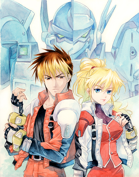 agahari, alteisen, excellen browning, kyousuke nanbu, weissritter, banpresto, super robot wars, super robot wars original generation, bad id, bad pixiv id, blonde hair, blue eyes, brown hair, fingerless gloves, gloves, mecha, ponytail, robot
