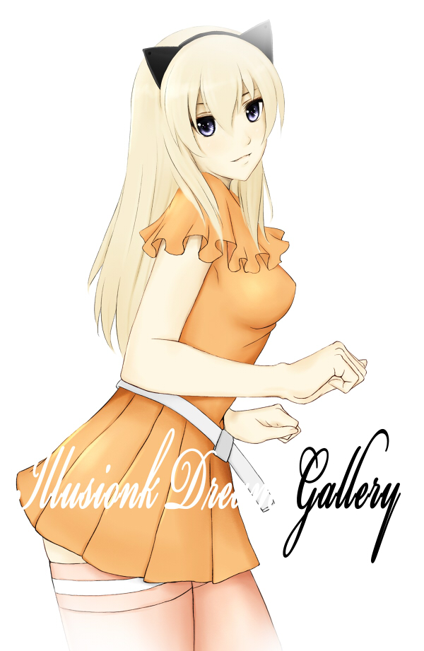 illusionk, fatina, fatina (druaga), babylonian castle saga, bandai namco, druaga no tou, 1girl, animal ears, blonde hair, cat ears, female focus, grey eyes, hairband, solo, thighhighs