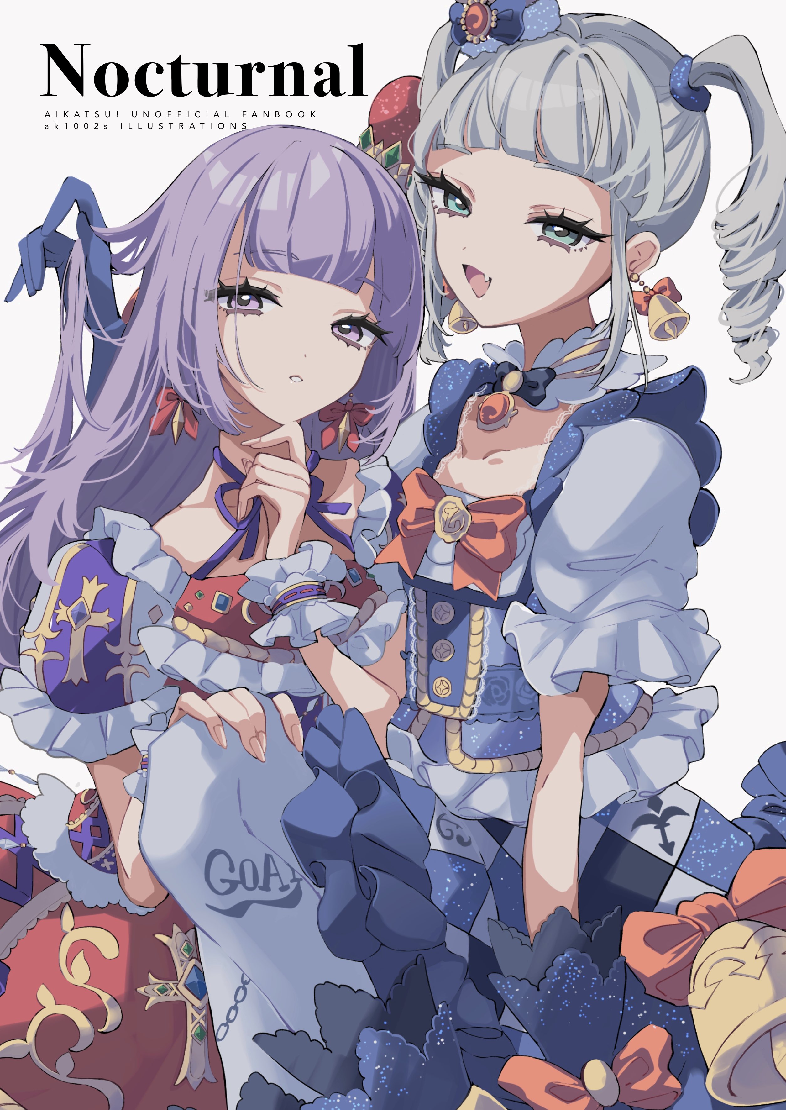 guri (ak1002s), hikami sumire, todo yurika, aikatsu! (series), absurdres, highres, 2girls, bell, bell earrings, blue dress, blue gloves, bow, bow earrings, brooch, buttons, collarbone, crown, dress, earrings, frilled dress, frilled sleeves, frills, gem, gloves, green eyes, grey hair, hand in another's hair, jewelry, long hair, looking at viewer, mini crown, multiple girls, puffy short sleeves, puffy sleeves, purple eyes, purple hair, red bow, red gemstone, red skirt, ringlets, short sleeves, simple background, skirt, smile, twintails, white background, wrist cuffs