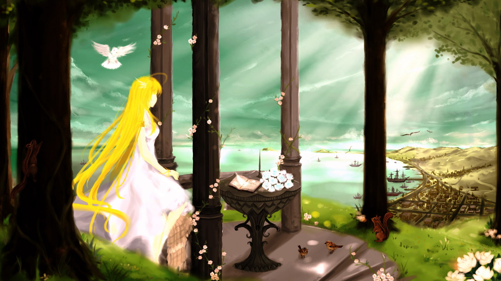 illusionk, sinbad, highres, animal, bird, blonde hair, book, dress, long hair, ship, solo, squirrel, very long hair, watercraft