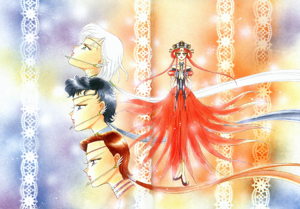 kou seiya, kou taiki, kou yaten, princess kakyuu, sailor star fighter, sailor star healer, sailor star maker, sailor starlights, bishoujo senshi sailor moon, bishoujo senshi sailor moon sailor stars, silver hair, 1990s (style), black hair, brown hair, dress, green eyes, long hair, ponytail, red eyes, red hair, smile