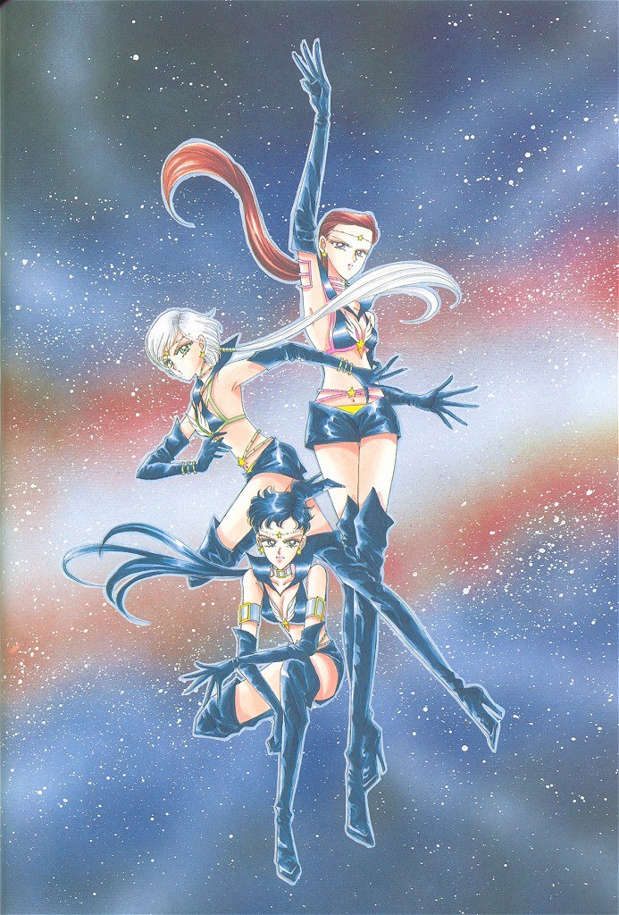 kou seiya, kou taiki, kou yaten, sailor star fighter, sailor star healer, sailor star maker, sailor starlights, bishoujo senshi sailor moon, bishoujo senshi sailor moon sailor stars, silver hair, 1990s (style), 3girls, black hair, brown hair, long hair, multiple girls, ponytail, school uniform, serafuku