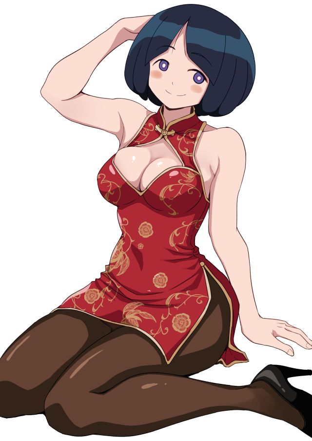 ponzu rui, shiiko sugai, gundam, gundam gquuuuuux, commentary request, 1girl, black hair, black shoes, blue eyes, blush stickers, bob cut, breasts, brown pantyhose, china dress, chinese clothes, cleavage cutout, clothing cutout, covered navel, dress, floral print, high heels, large breasts, looking at viewer, mature female, pantyhose, print dress, red dress, shoes, short hair, sitting, sleeveless, sleeveless dress, smile, solo