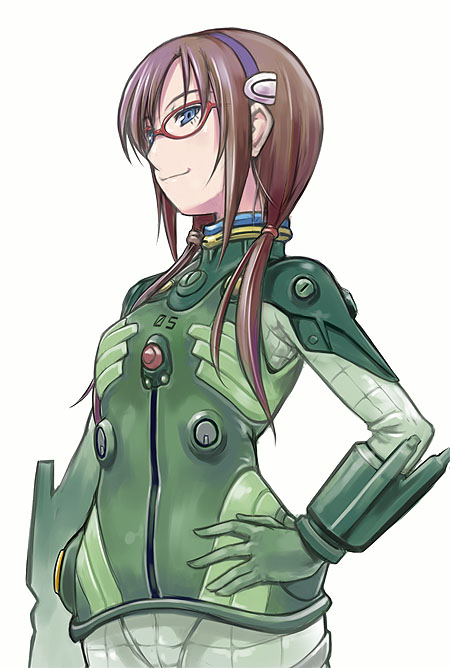 maruto!, makinami mari illustrious, neon genesis evangelion, rebuild of evangelion, bad id, bad pixiv id, 00s, 1girl, blue eyes, bodysuit, brown hair, female focus, glasses, hand on own hip, hip focus, long hair, mecha pilot suit, plugsuit (evangelion), simple background, smile, solo, twintails