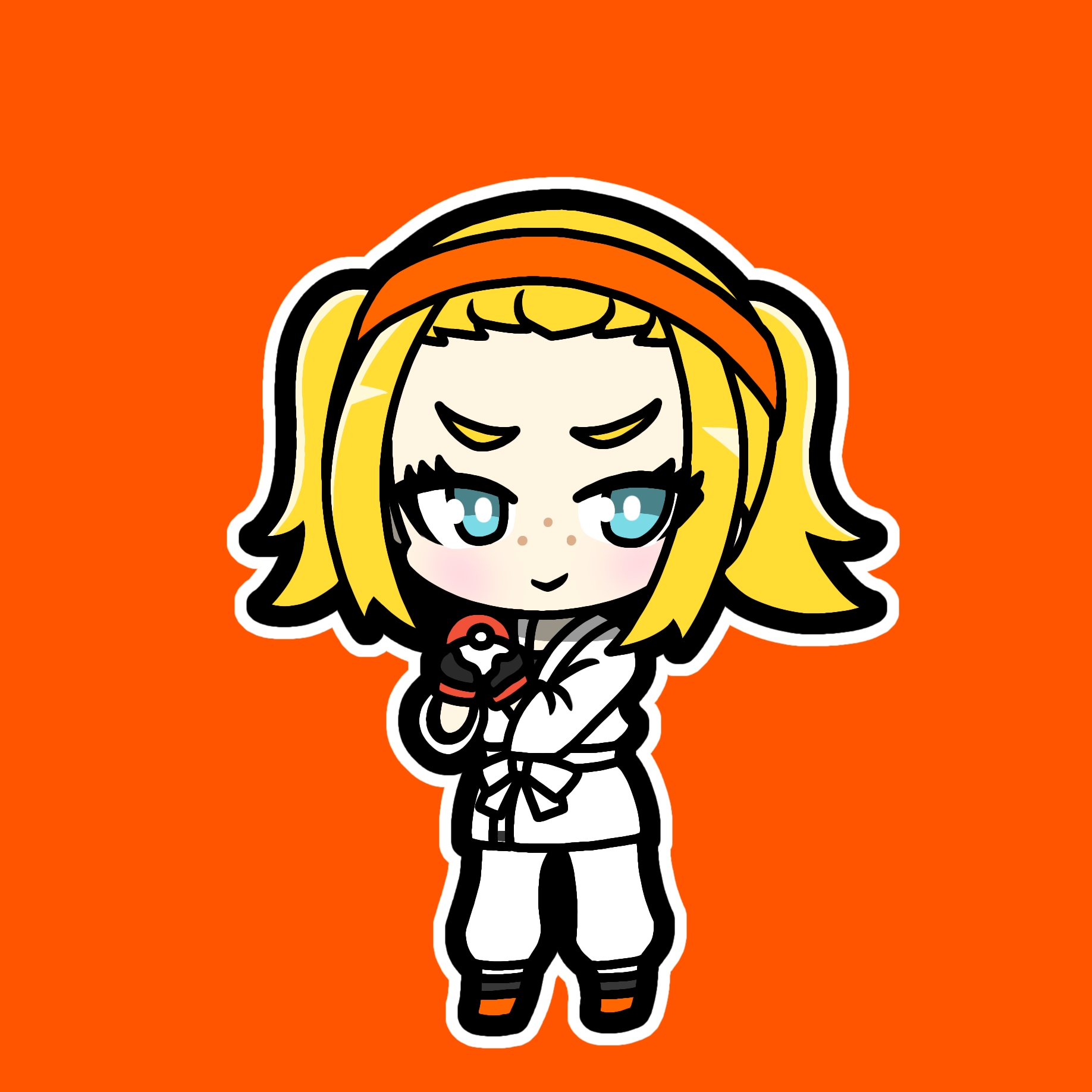 josee (pokemon), nintendo, pokemon, pokemon legends: z-a, commentary request, highres, 1girl, :>, aqua eyes, black gloves, blonde hair, bright pupils, chibi, chibi only, closed mouth, dougi, eyelashes, flat color, freckles, full body, gloves, headband, long sleeves, naconaconacosu, orange background, orange headband, orange shoes, outline, shoes, simple background, smile, solo, standing, twintails, white outline, white pupils