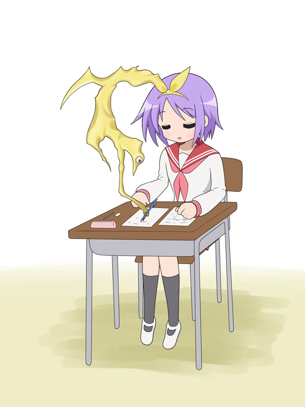 qwer, hiiragi tsukasa, kiseijuu, lucky star, 00s, 1girl, female focus, purple hair, ribbon, school uniform, serafuku, short hair, sleeping, solo