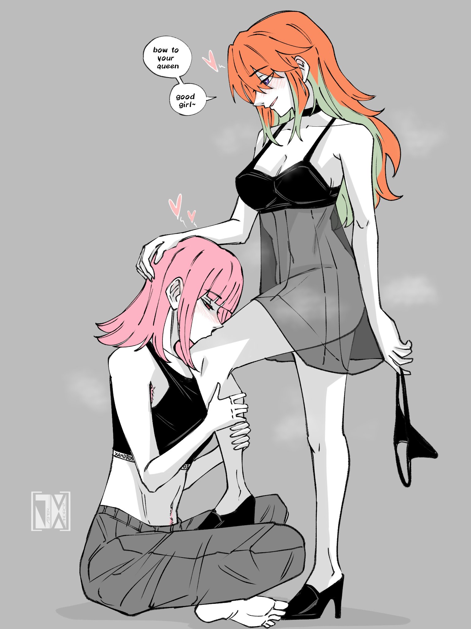jasper xandros, mori calliope, takanashi kiara, hololive, hololive english, commentary, english commentary, highres, 2girls, alternate costume, babydoll, black babydoll, black negligee, black panties, blush, breasts, couple, gradient hair, green hair, large breasts, lingerie, long hair, multicolored hair, multiple girls, negligee, nightgown, open mouth, orange hair, panties, pink hair, purple eyes, see-through clothes, see-through nightgown, steam, steaming body, underwear, virtual youtuber, yuri